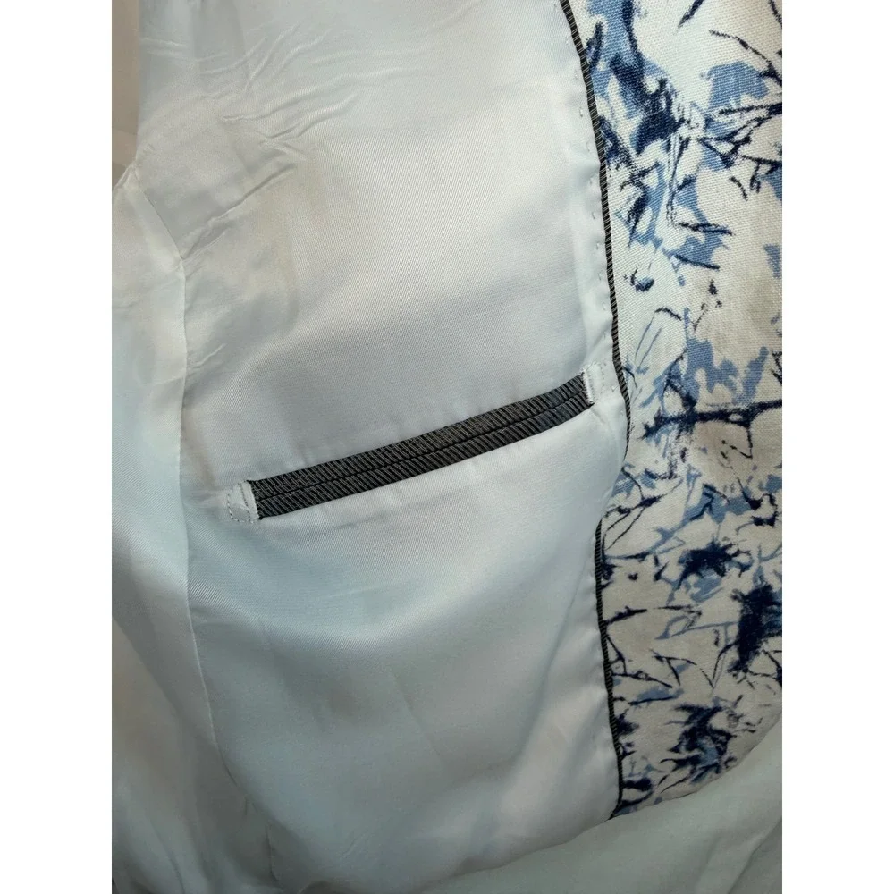 Cielo Mens 36R Blue White Abstract Marble Print Linen Blend Blazer Jacket modern